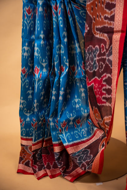 Handwoven Cerulean Blue Khandua Silk Saree with Traditional Narrative Border