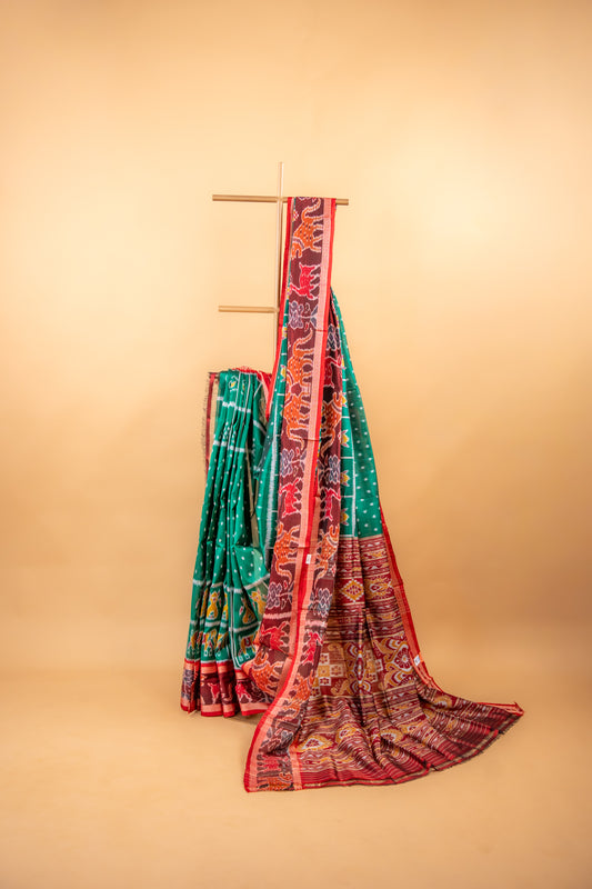 Sea Green Khandua Silk Saree with Narrative Ikat Border | Handwoven Odisha Saree