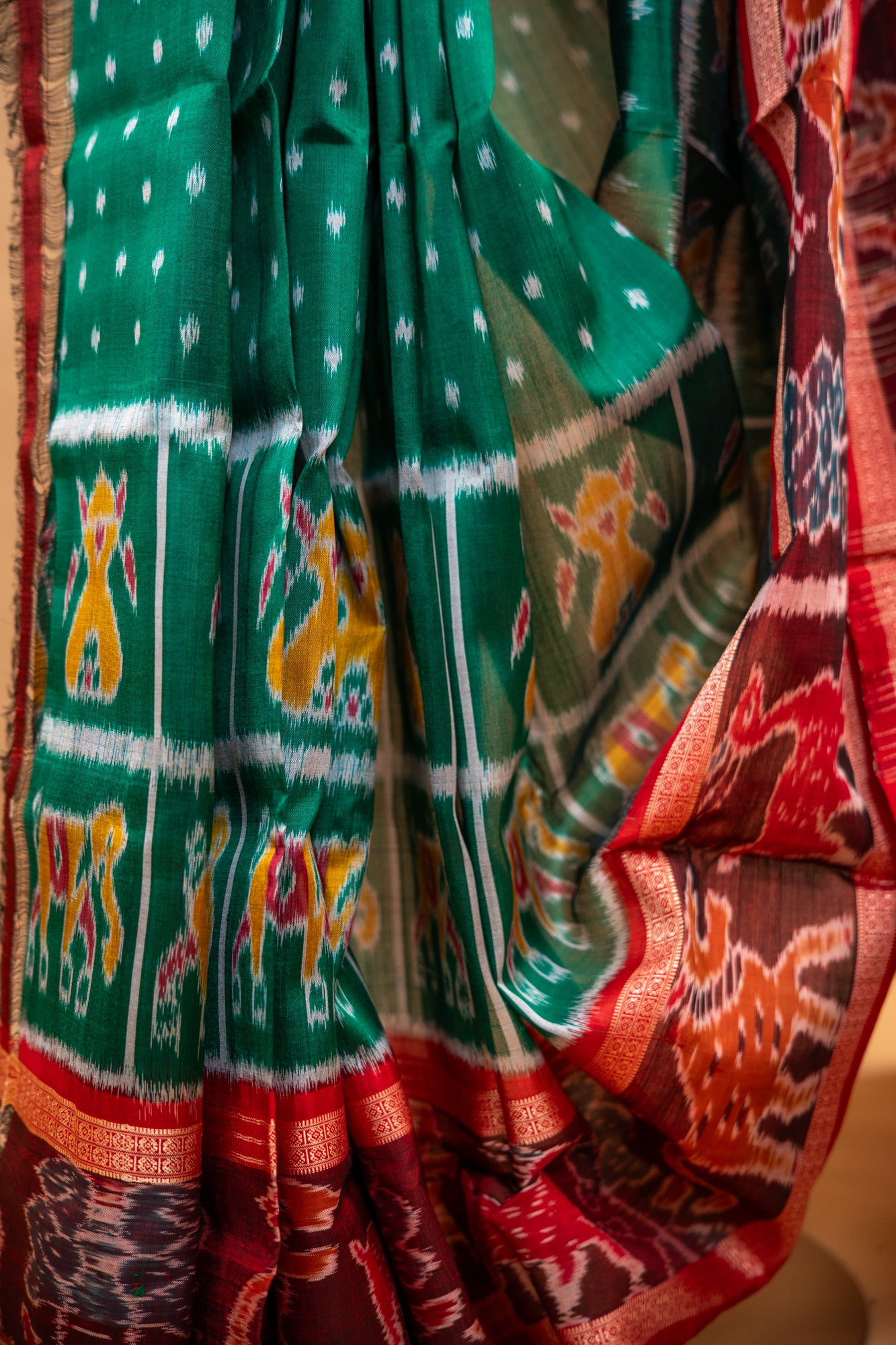 Sea Green Khandua Silk Saree with Narrative Ikat Border | Handwoven Odisha Saree