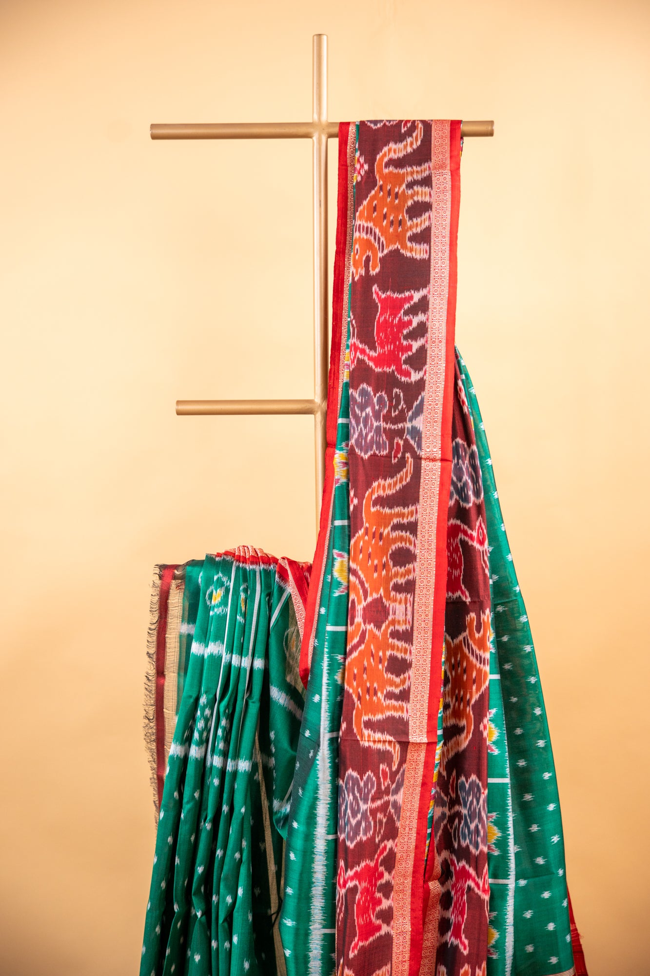 Sea Green Khandua Silk Saree with Narrative Ikat Border | Handwoven Odisha Saree