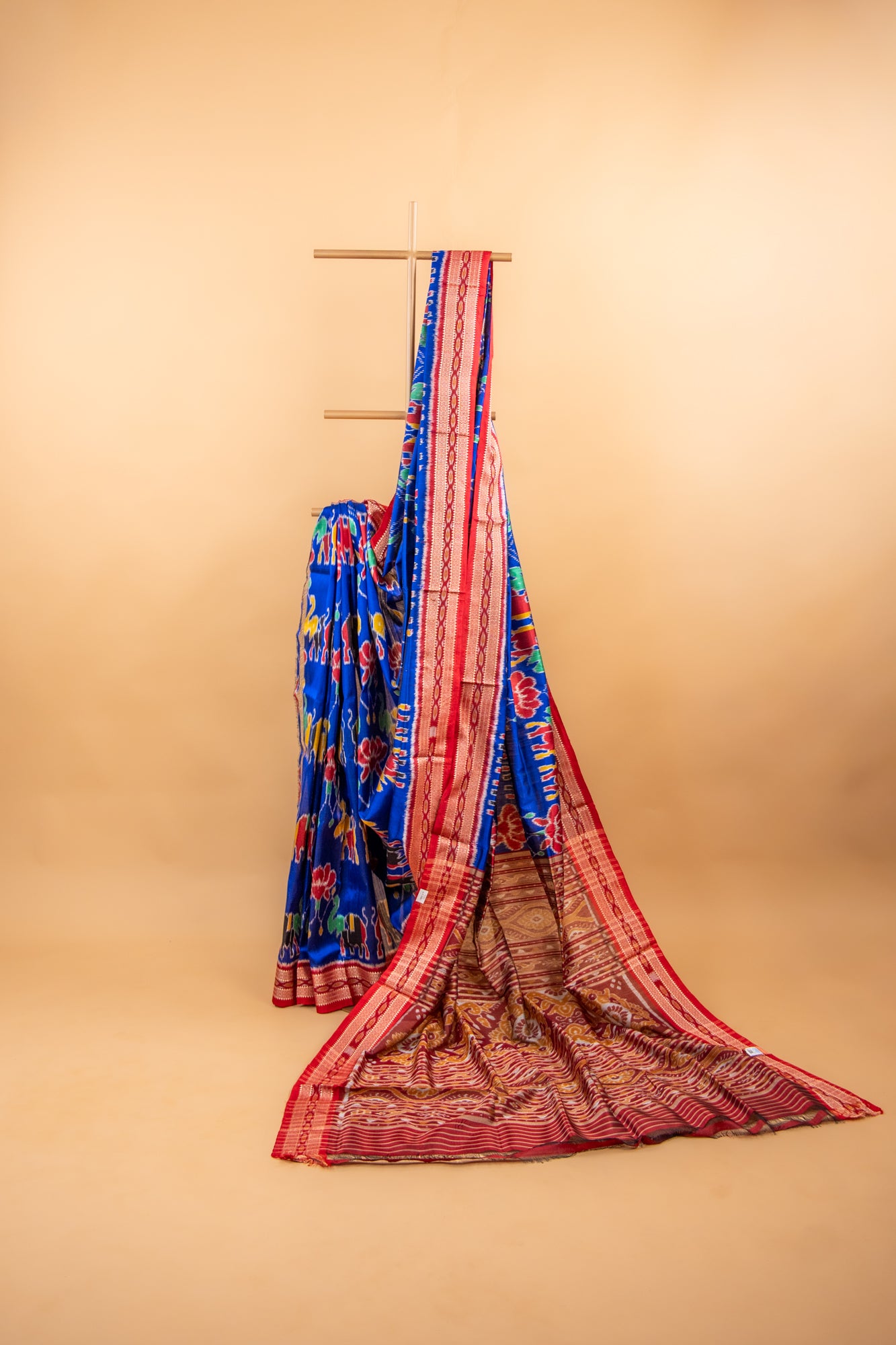 Royal Blue Khandua Silk Saree with Lotus & Elephant Ikat Motifs | Odisha Handloom