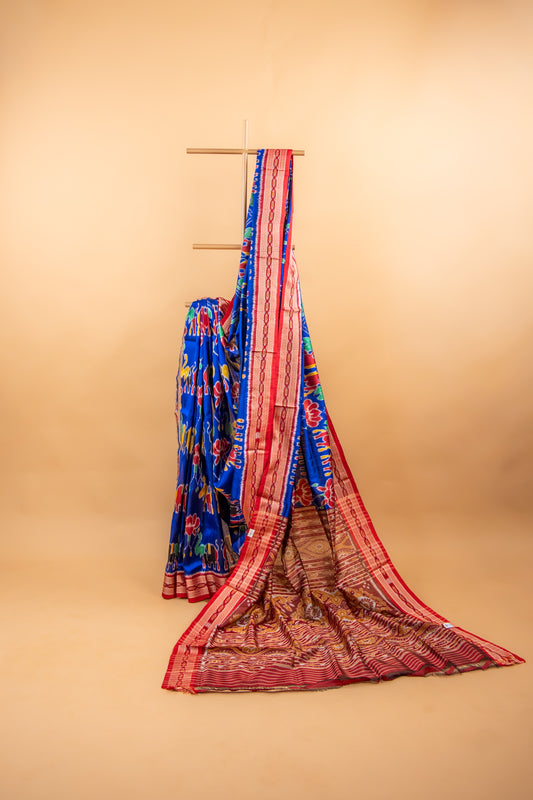 Royal Blue Khandua Silk Saree with Lotus & Elephant Ikat Motifs | Odisha Handloom