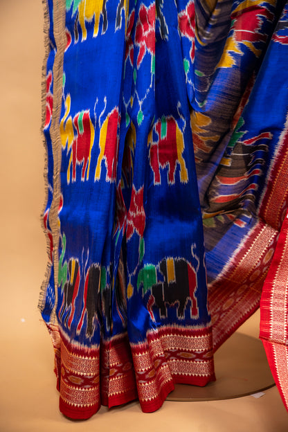 Royal Blue Khandua Silk Saree with Lotus & Elephant Ikat Motifs | Odisha Handloom