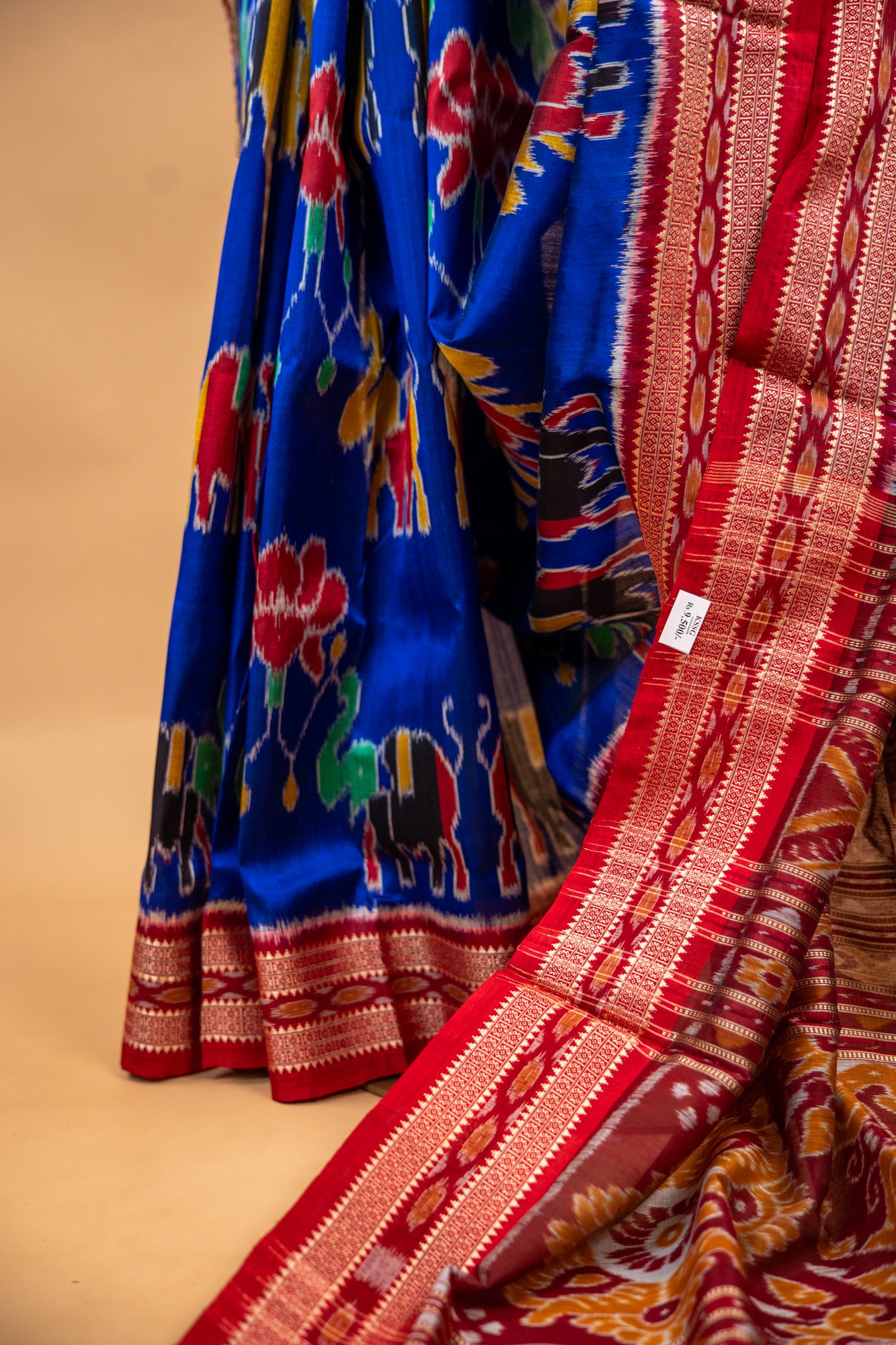 Royal Blue Khandua Silk Saree with Lotus & Elephant Ikat Motifs | Odisha Handloom
