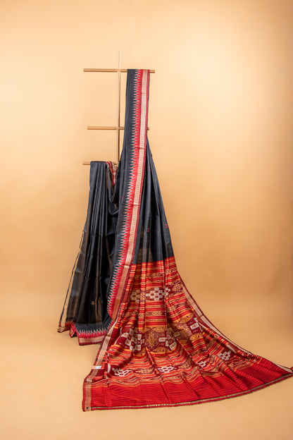 Black Khandua Silk Saree with Red Temple Border & Gold Butti Work | Odisha Handloom