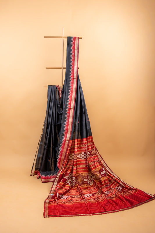 Black Khandua Silk Saree with Red Temple Border & Gold Butti Work | Odisha Handloom
