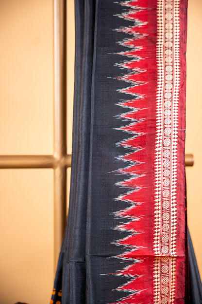 Black Khandua Silk Saree with Red Temple Border & Gold Butti Work | Odisha Handloom
