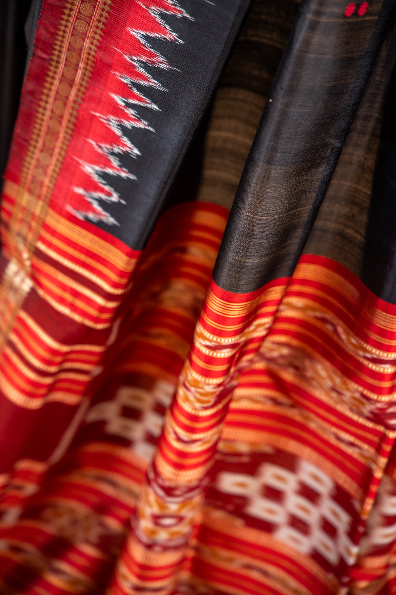 Black Khandua Silk Saree with Red Temple Border & Gold Butti Work | Odisha Handloom