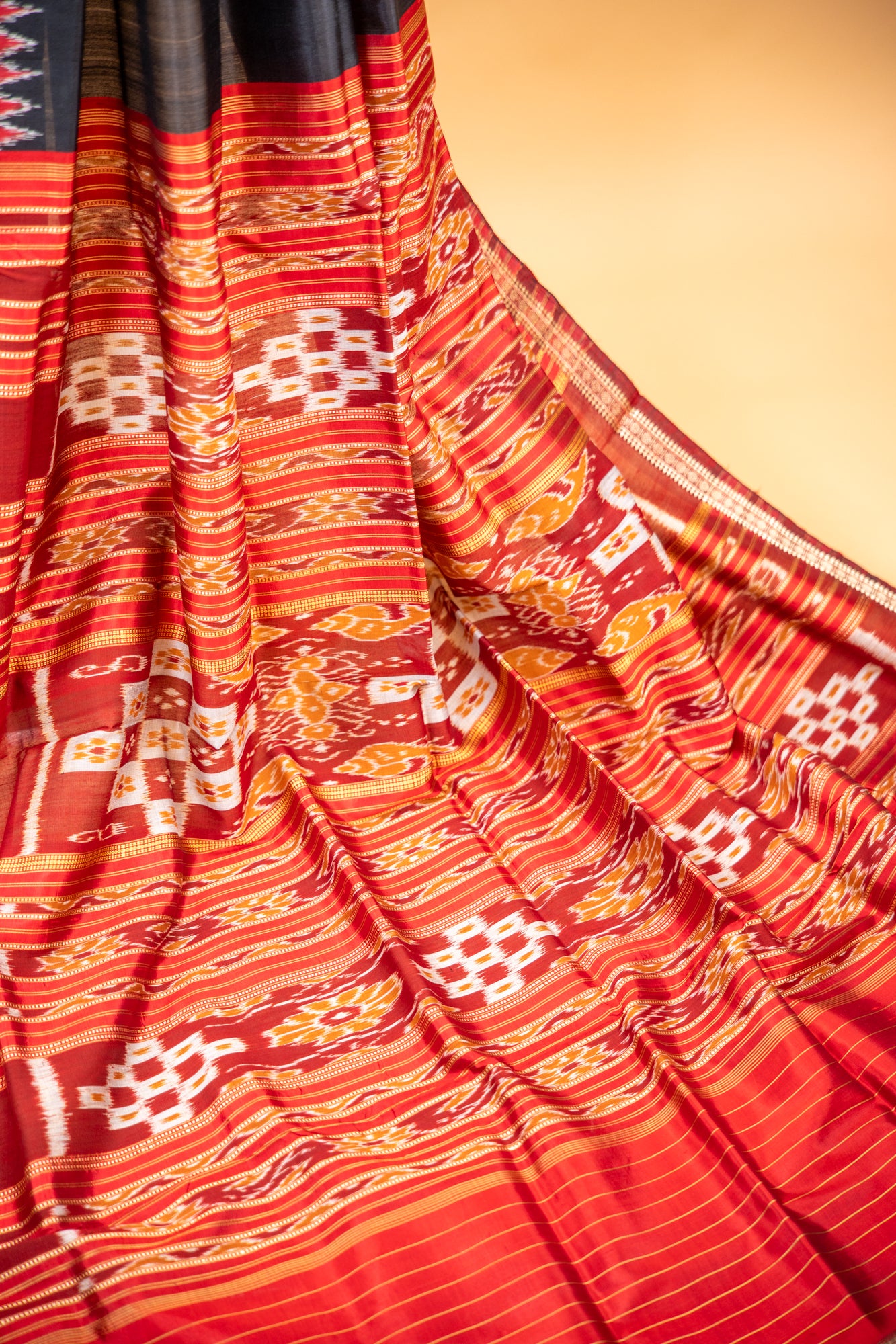 Black Khandua Silk Saree with Red Temple Border & Gold Butti Work | Odisha Handloom