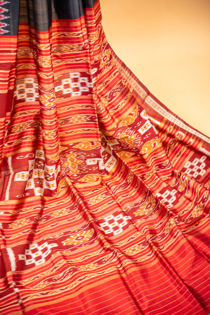 Black Khandua Silk Saree with Red Temple Border & Gold Butti Work | Odisha Handloom