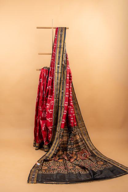 Handwoven Garnet Red Khandua Silk Saree with Tribal Saura Art Border