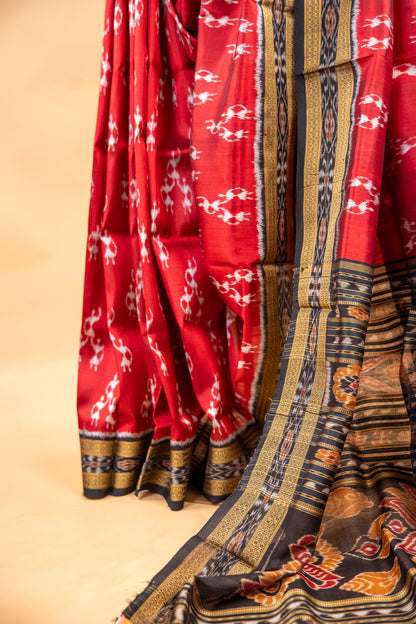 Handwoven Garnet Red Khandua Silk Saree with Tribal Saura Art Border