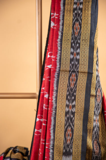 Handwoven Garnet Red Khandua Silk Saree with Tribal Saura Art Border