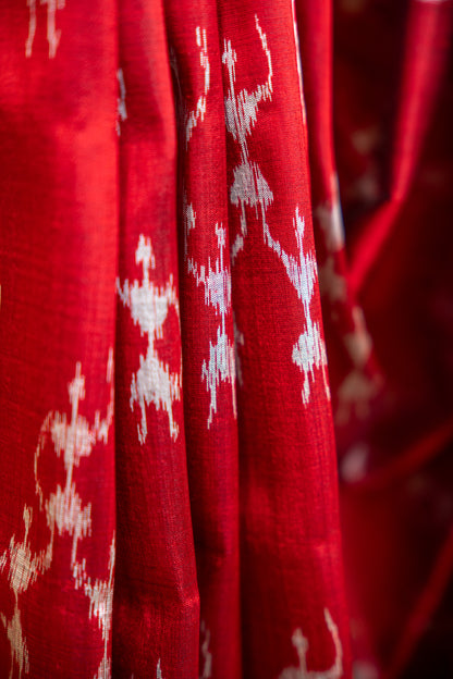 Handwoven Garnet Red Khandua Silk Saree with Tribal Saura Art Border