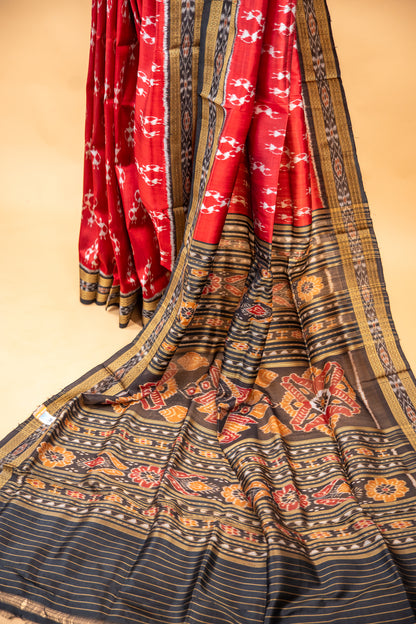 Handwoven Garnet Red Khandua Silk Saree with Tribal Saura Art Border