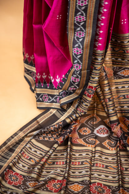 Magenta Pink Khandua Silk Saree with Narrative Ikat Border | Odisha Handloom