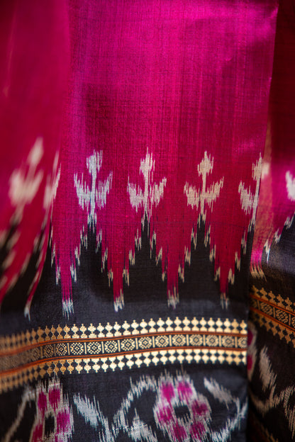 Magenta Pink Khandua Silk Saree with Narrative Ikat Border | Odisha Handloom