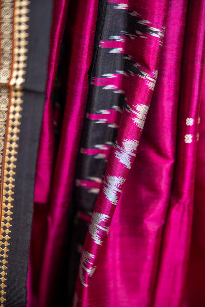 Magenta Pink Khandua Silk Saree with Narrative Ikat Border | Odisha Handloom