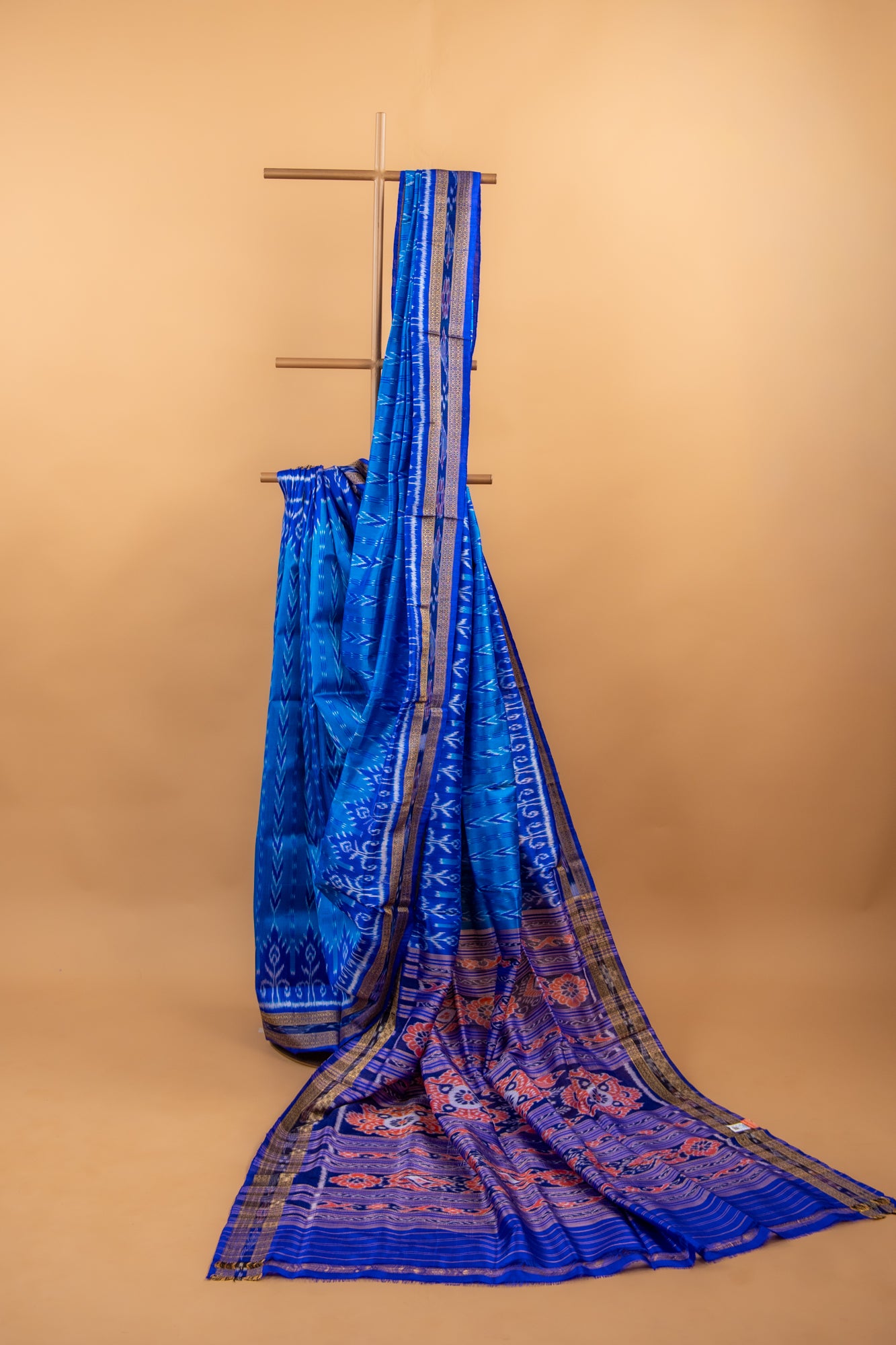 Handwoven Cobalt Blue Khandua Silk Saree with Floral Ikat Motifs & Geometric Border