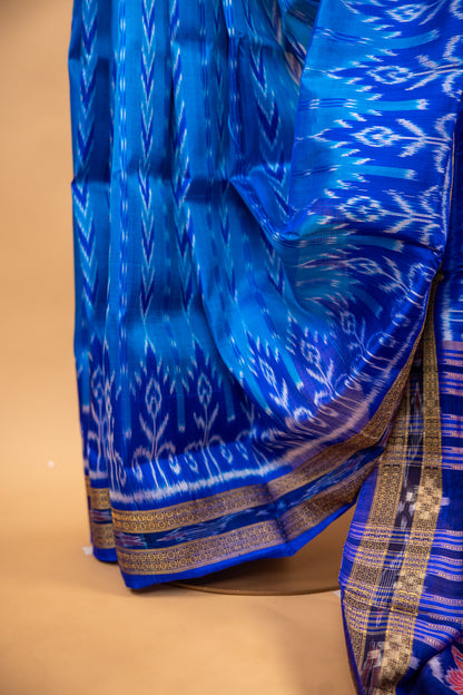 Handwoven Cobalt Blue Khandua Silk Saree with Floral Ikat Motifs & Geometric Border