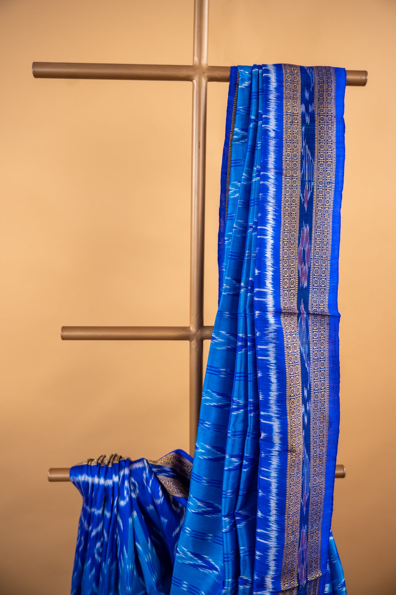 Handwoven Cobalt Blue Khandua Silk Saree with Floral Ikat Motifs & Geometric Border