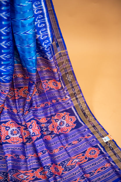 Handwoven Cobalt Blue Khandua Silk Saree with Floral Ikat Motifs & Geometric Border