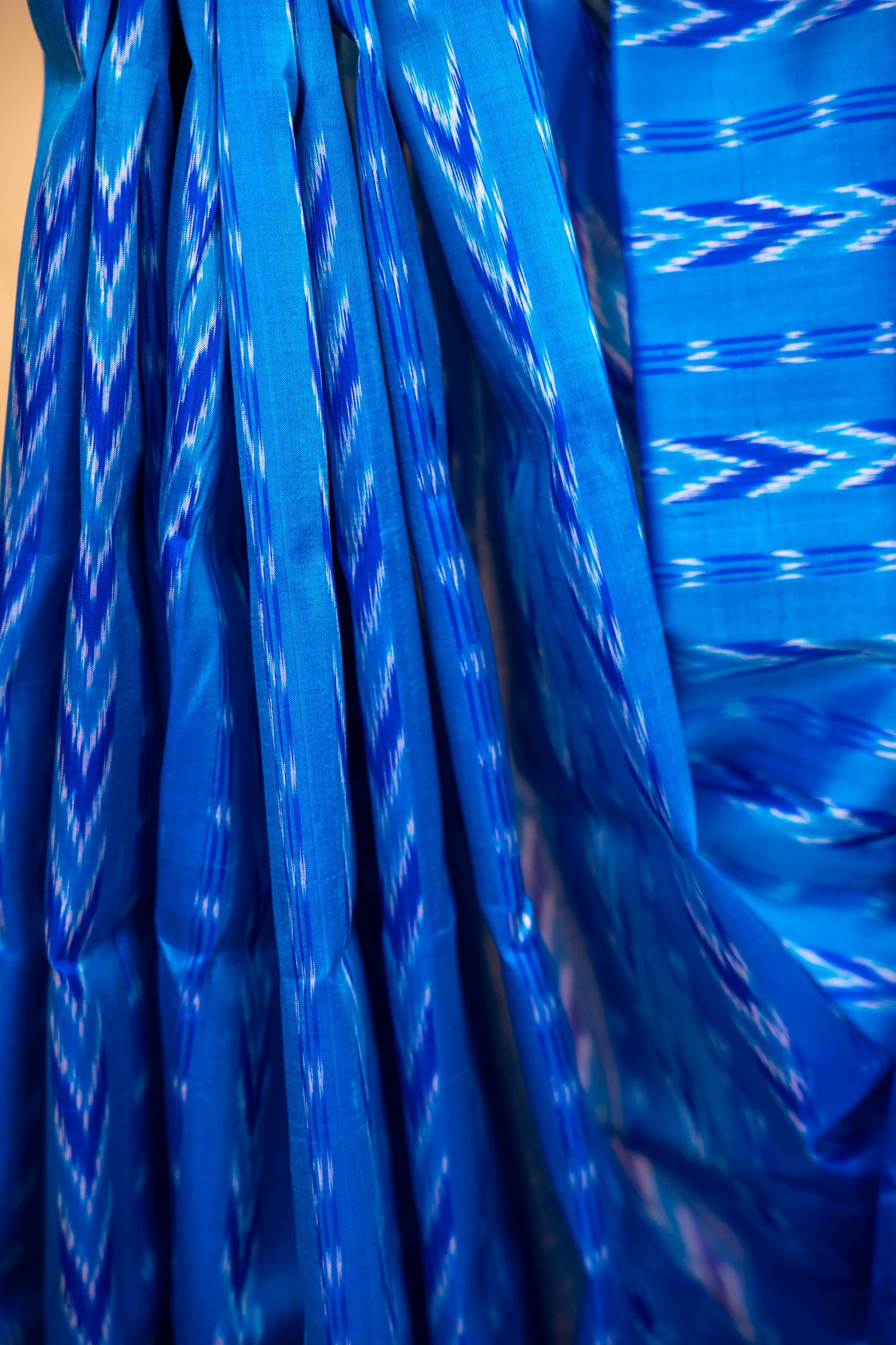 Handwoven Cobalt Blue Khandua Silk Saree with Floral Ikat Motifs & Geometric Border