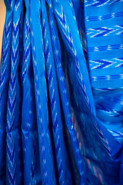 Handwoven Cobalt Blue Khandua Silk Saree with Floral Ikat Motifs & Geometric Border