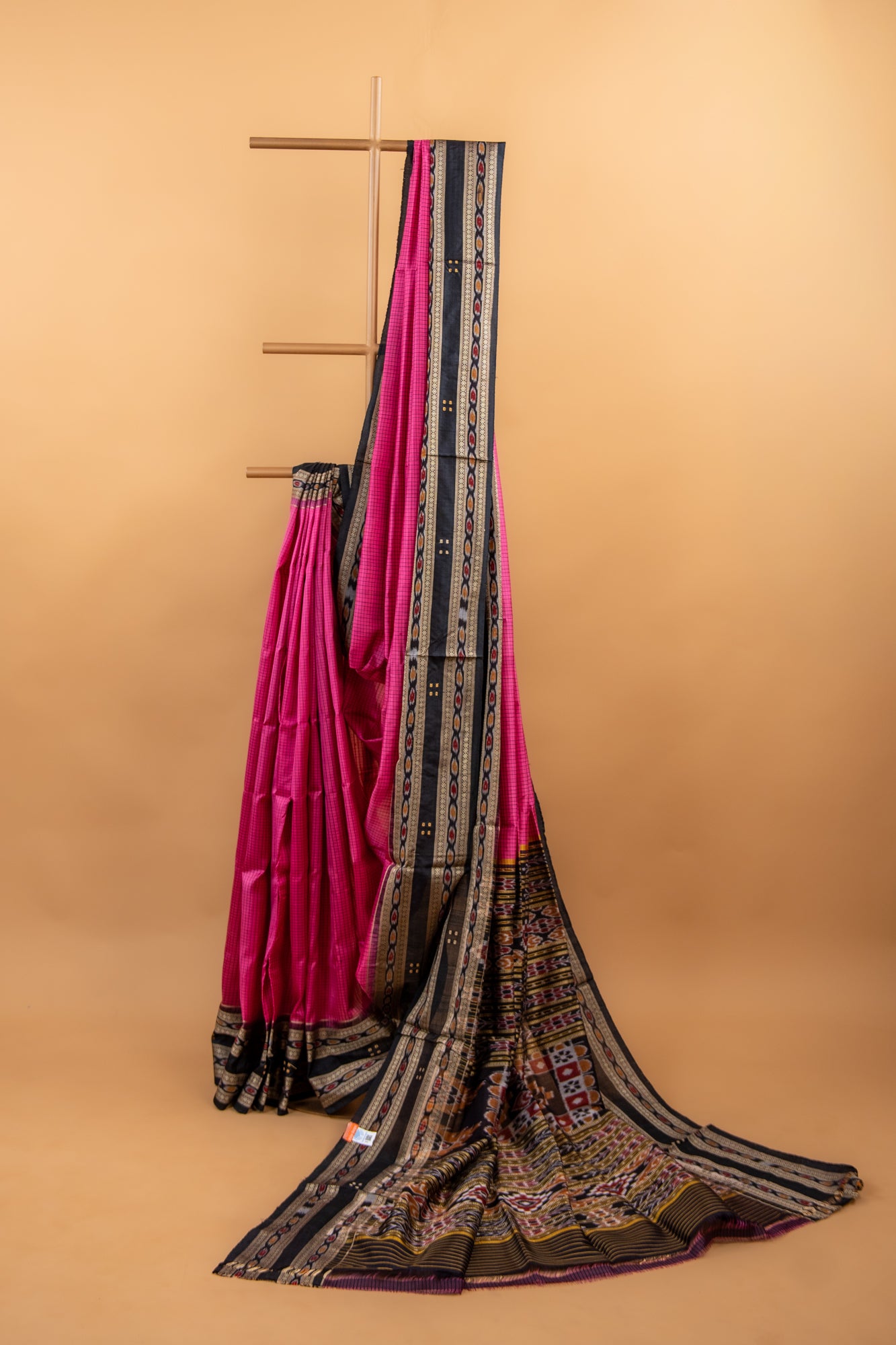 Handwoven Raspberry Pink Khandua Silk Saree with Rudraksha & Ikat Eye Motifs