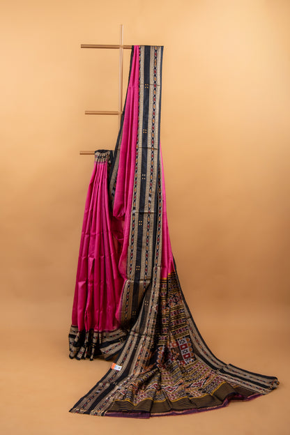 Handwoven Raspberry Pink Khandua Silk Saree with Rudraksha & Ikat Eye Motifs