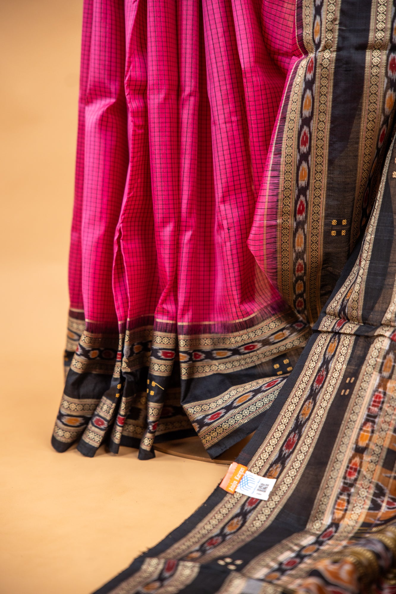 Handwoven Raspberry Pink Khandua Silk Saree with Rudraksha & Ikat Eye Motifs