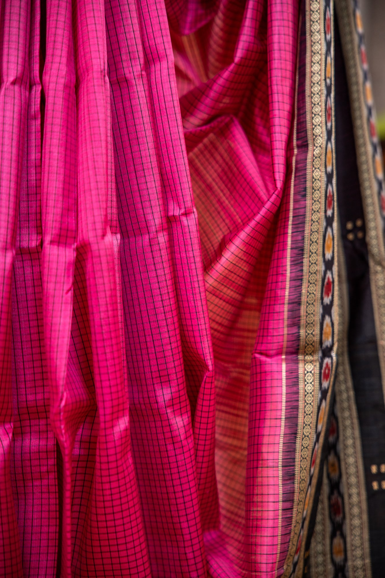 Handwoven Raspberry Pink Khandua Silk Saree with Rudraksha & Ikat Eye Motifs