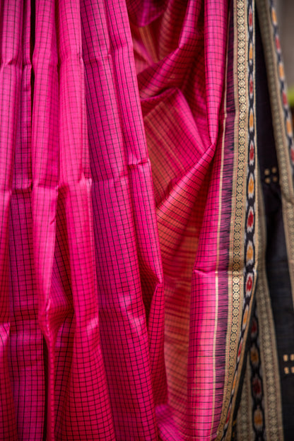 Handwoven Raspberry Pink Khandua Silk Saree with Rudraksha & Ikat Eye Motifs