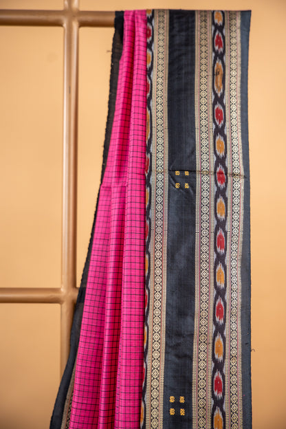 Handwoven Raspberry Pink Khandua Silk Saree with Rudraksha & Ikat Eye Motifs