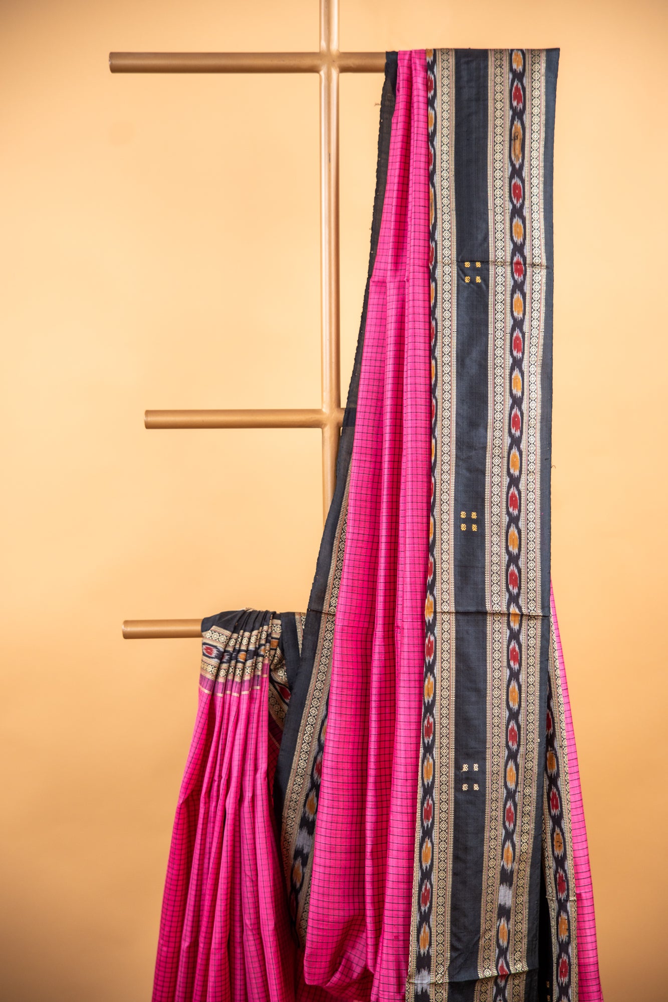 Handwoven Raspberry Pink Khandua Silk Saree with Rudraksha & Ikat Eye Motifs