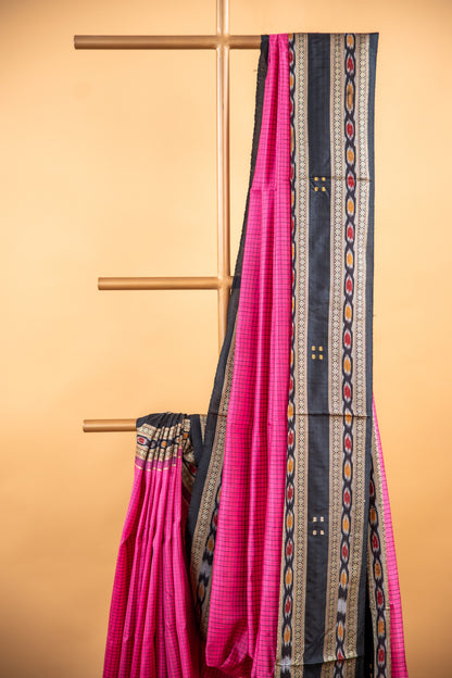 Handwoven Raspberry Pink Khandua Silk Saree with Rudraksha & Ikat Eye Motifs