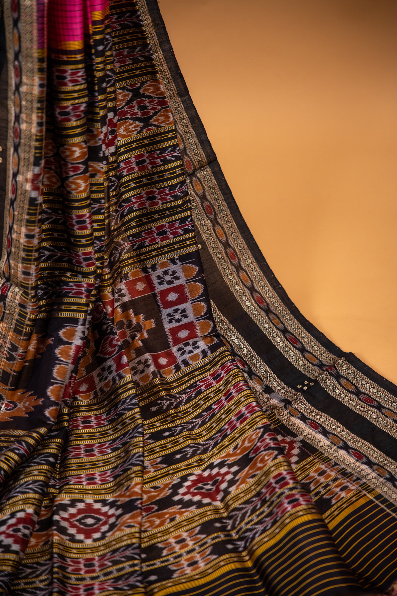 Handwoven Raspberry Pink Khandua Silk Saree with Rudraksha & Ikat Eye Motifs