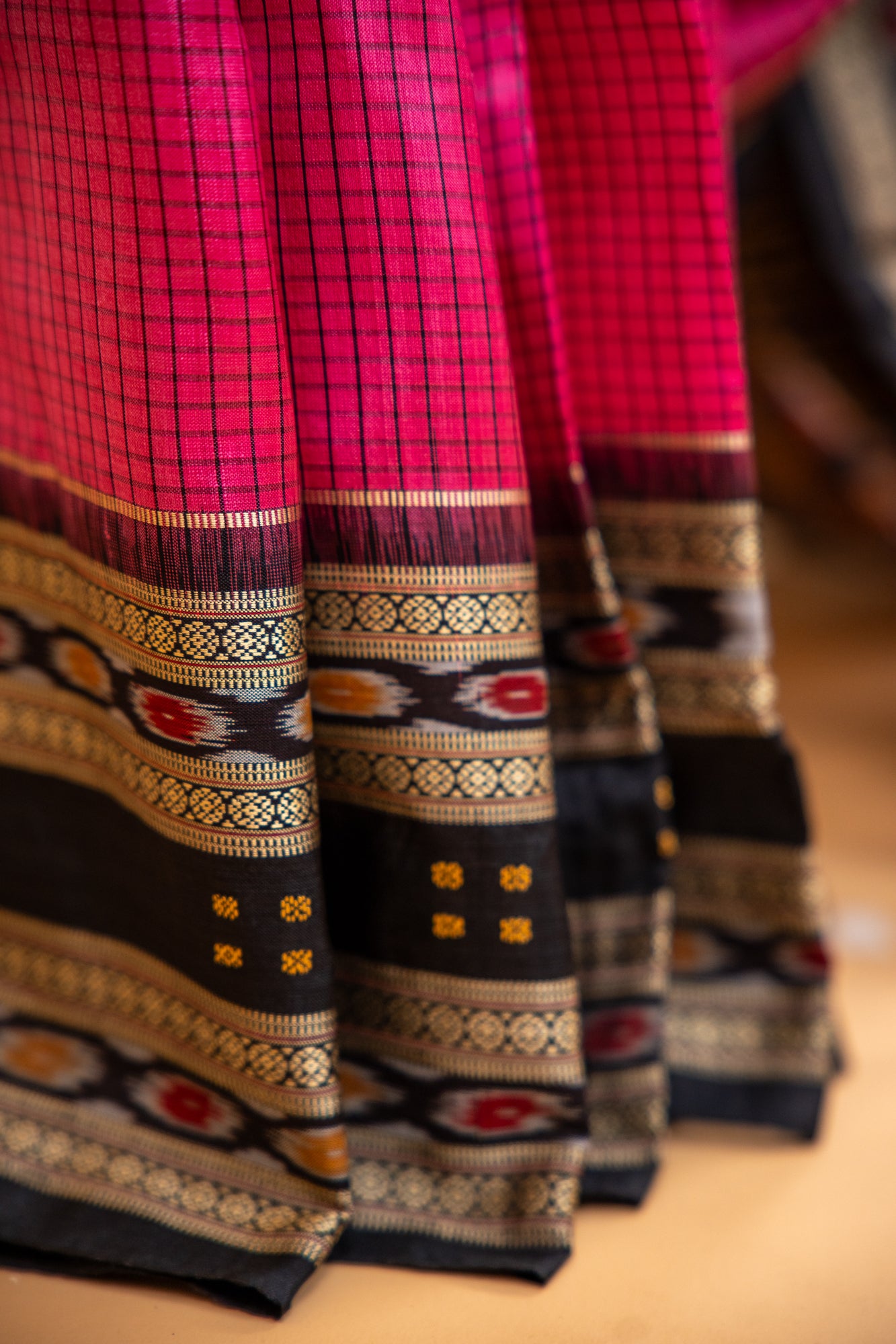 Handwoven Raspberry Pink Khandua Silk Saree with Rudraksha & Ikat Eye Motifs