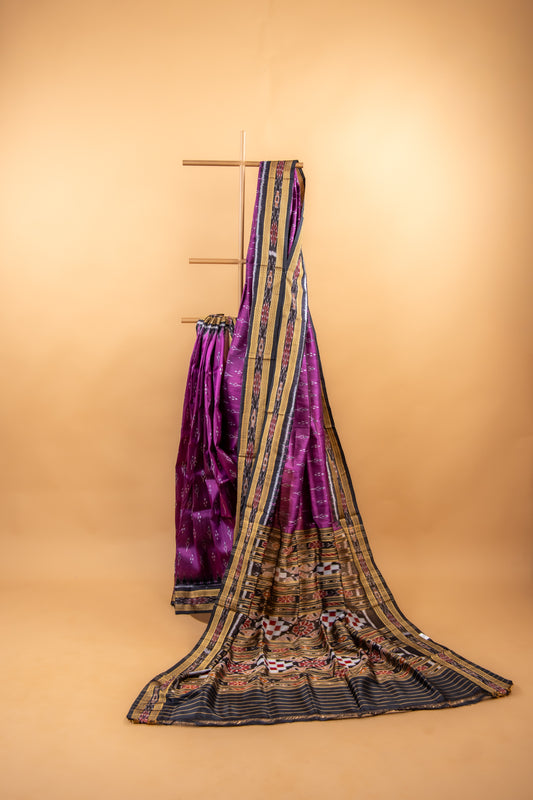 Handwoven Magenta Khandua Silk Saree with Black Temple Border | Traditional Odisha Saree