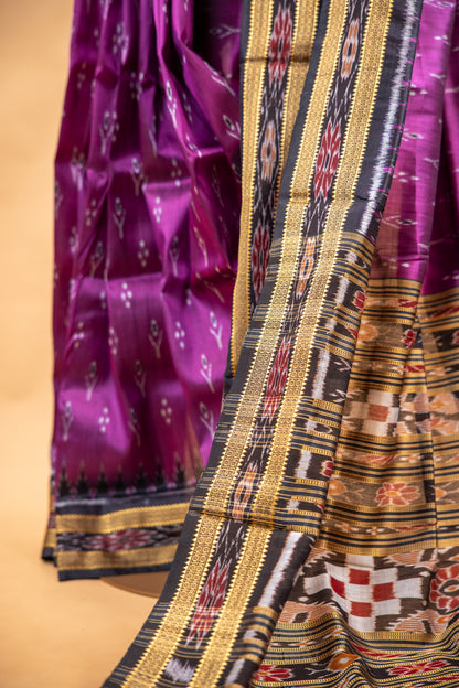 Handwoven Magenta Khandua Silk Saree with Black Temple Border | Traditional Odisha Saree