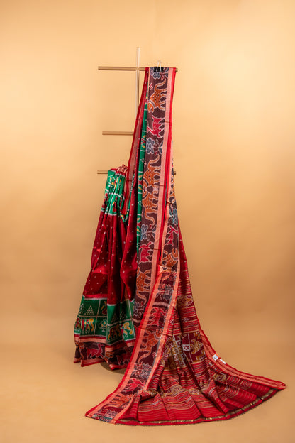 Ruby Red & Leaf Green Khandua Silk Saree with Animal Motif Border
