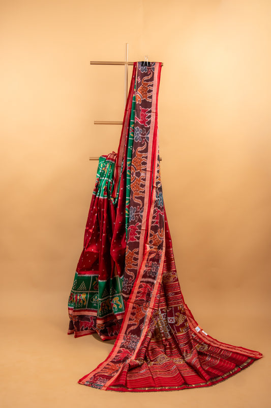 Ruby Red & Leaf Green Khandua Silk Saree with Animal Motif Border