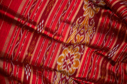 Ruby Red & Leaf Green Khandua Silk Saree with Animal Motif Border