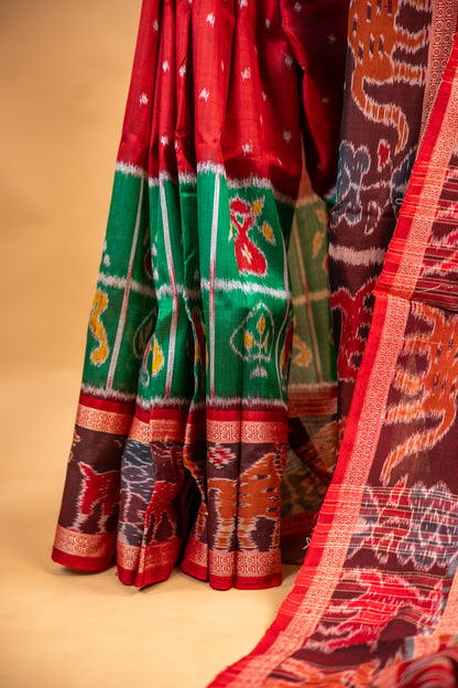 Ruby Red & Leaf Green Khandua Silk Saree with Animal Motif Border