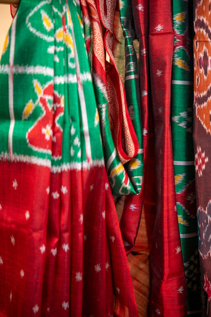 Ruby Red & Leaf Green Khandua Silk Saree with Animal Motif Border