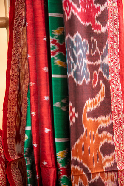Ruby Red & Leaf Green Khandua Silk Saree with Animal Motif Border
