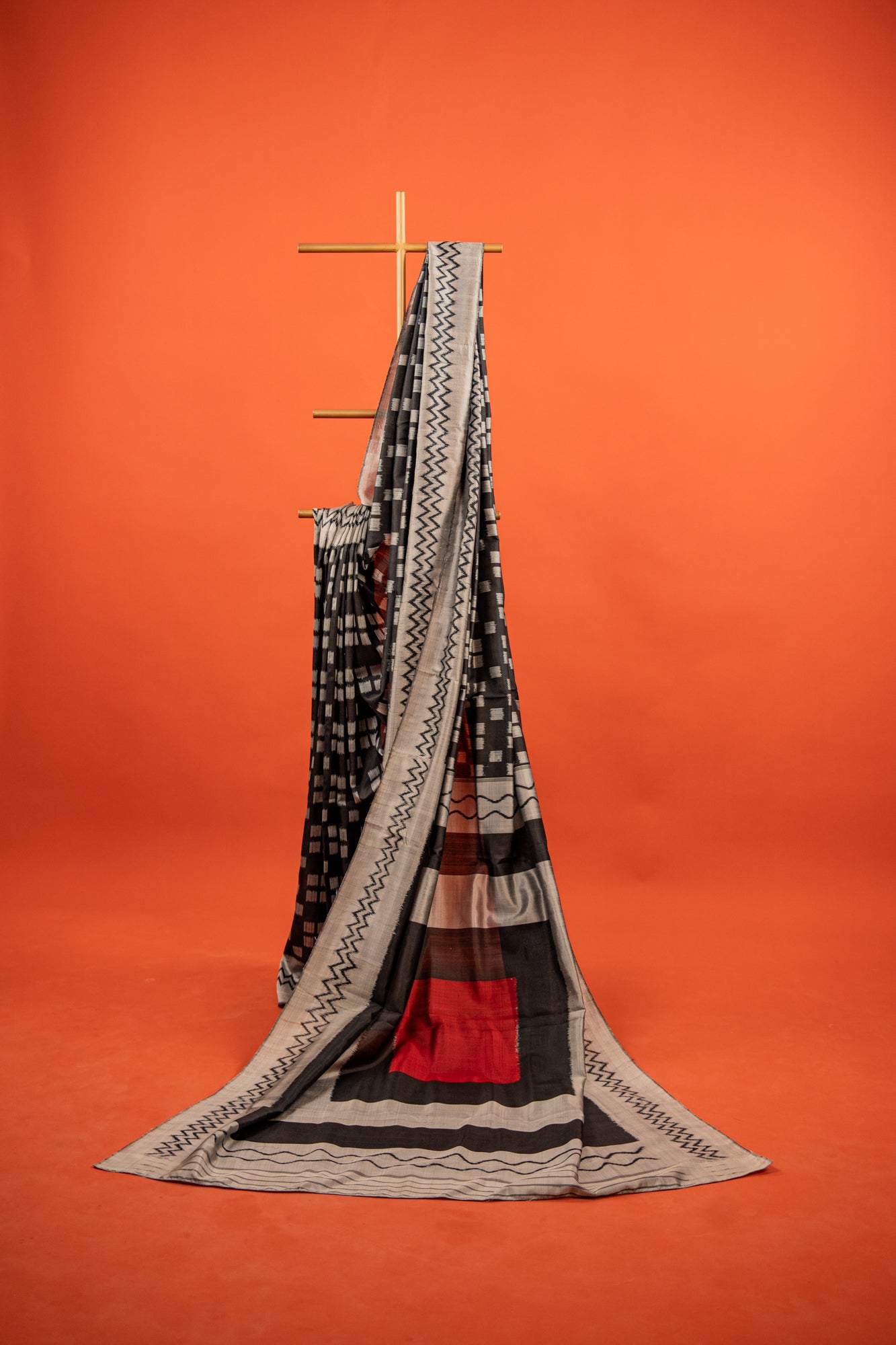 Handwoven Black & White Khandua Silk Saree with Traditional Ikat Border