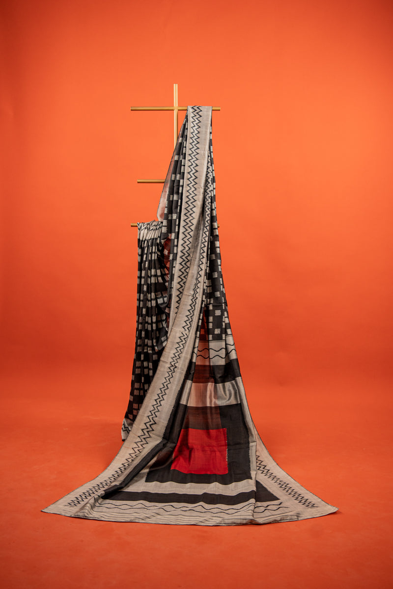 Handwoven Black & White Khandua Silk Saree with Traditional Ikat Border
