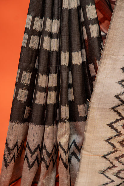 Handwoven Black & White Khandua Silk Saree with Traditional Ikat Border