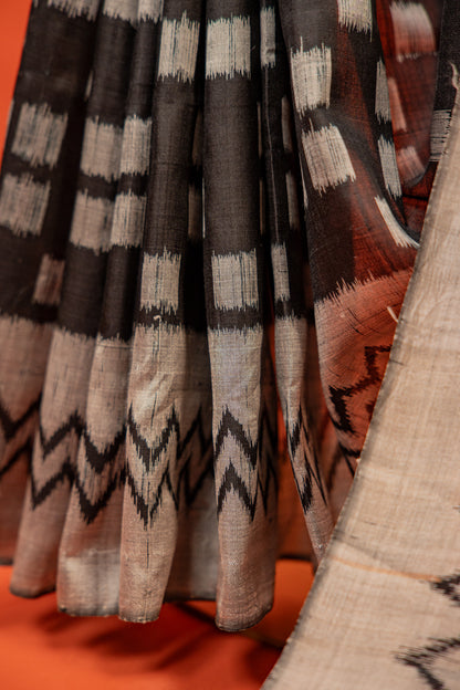 Handwoven Black & White Khandua Silk Saree with Traditional Ikat Border